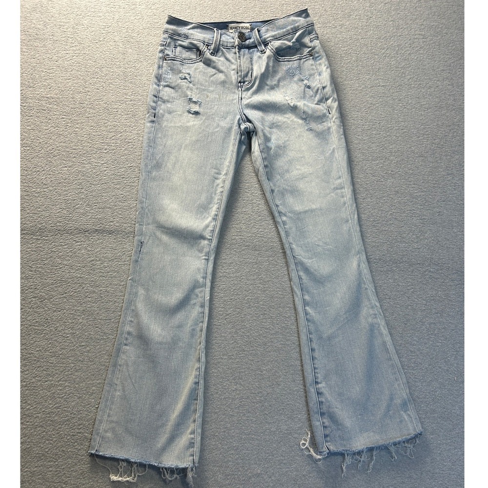 Nancy Rose Distressed Flare Jeans Womens 26 Light Wash Raw Frayed Hem Y2KStretch